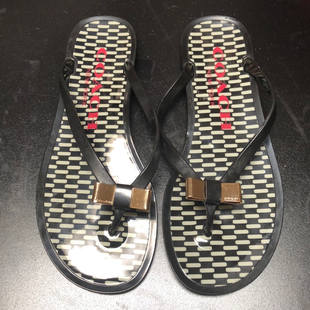 Coach Black Jelly-like Flip Flops w/Gold Bows